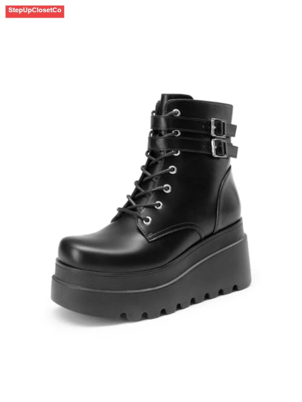 Platform Combat Lace Up Ankle Boots Faux Leather Chunky Heel